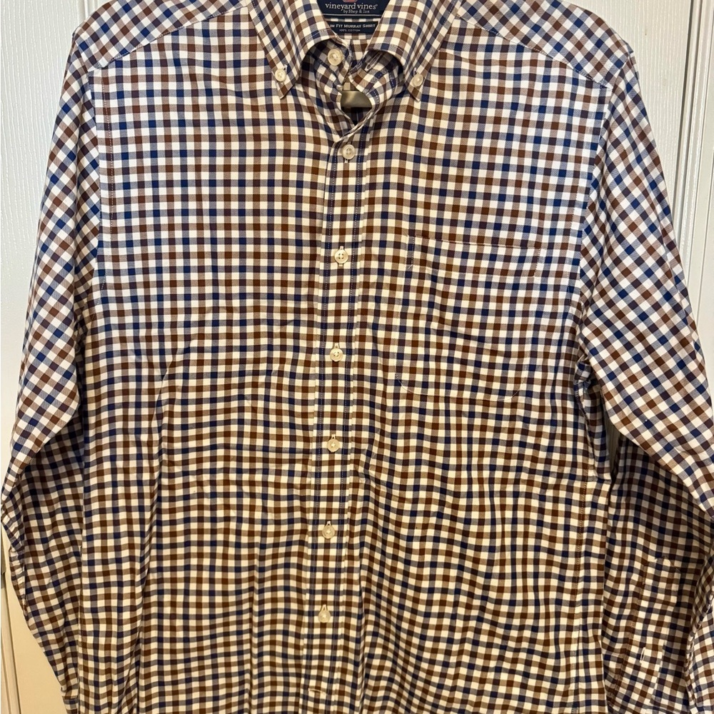 Vineyard Vines Men's Blue and Brown Plaid Slim Fit Murray Shirt